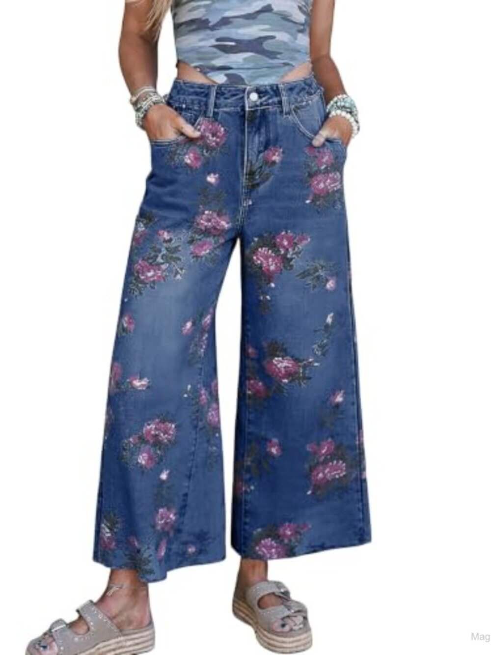 Floral Barrel Jeans Wide Leg Mid Rise Cropped Denim Pants Stretchy